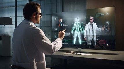 Telemedicine and AI. A visual representation of a doctor or healthcare professional conducting a virtual consultation with a patient using AI-powered telemedicine tools, showcasing the seamless integr