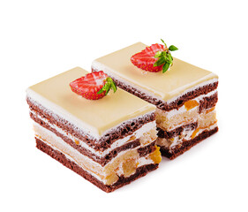 two pieces multi-layered cocoa sponge cake