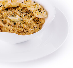 Bowl of oatmeal porridge with banana