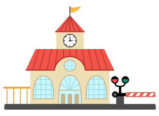 Obraz premium Vector railway station icon. Railroad train waiting building with clock tower, semaphore and barrier. City or countryside transportation clipart. Cute comfortable destination point for town map