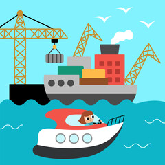 Vector square scene with girl sailing on speedboat and seaport. Transportation illustration. Cute kid driving transport. Water vehicle landscape. Cartoon child on a boat.