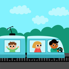 Vector square scene with man driving train and passengers. City or country transportation illustration. Cute kid driving transport.  Railroad vehicle landscape. Cartoon child on railway commuter