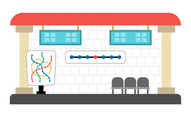 Vector metro station icon. Cartoon underground stop. City subway transportation clipart with timetable chairs and map. Cute comfortable destination point.
