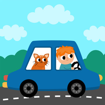 Vector Square Scene With Boy Driving A Car With Cat. Transportation Illustration. Cute Kid Steering Transport. Road Landscape. Cartoon Child On Automobile