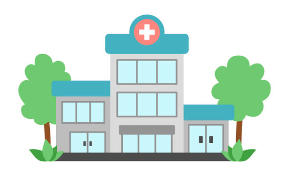 hospital building with trees, flat design clip art preview