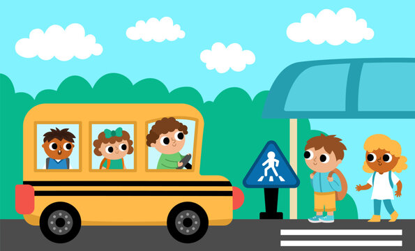 Vector horizontal scene with kids on a stop and arriving school bus with driver, passengers. Transportation illustration. Cute boy, girl waiting for transport. Cartoon children on station.