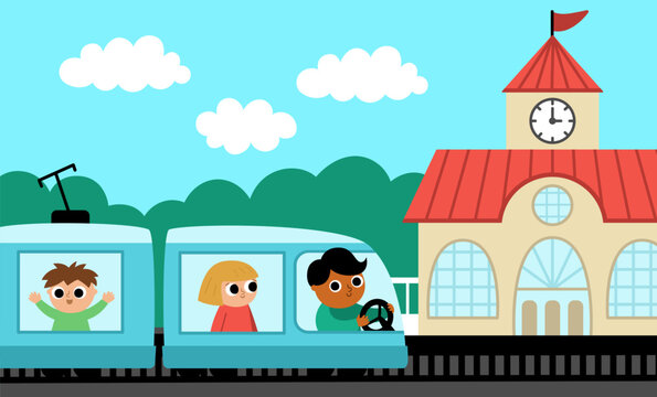 Vector horizontal scene with man driving train and passengers arriving to railway station. City or country transportation illustration. Cute kid driving transport.  Railroad vehicle landscape.