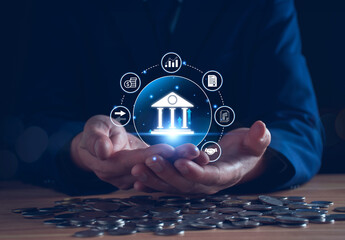 Central banking and international currency online concept. Businessman showing safe financial transactions and currency exchange money transfer. Trading and investing in funds, stocks, real estate.