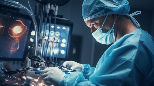 Robotics in Surgery. A photo capturing a surgeon operating with the assistance of robotic arms or surgical robots powered by AI algorithms, highlighting the precision and advancements in robotic surge