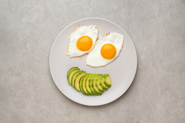 Fried eggs with avocado on a plate