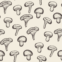 Seamless pattern with mushrooms. Background design for gift packaging or package. Hand drawn vector illustration of mushrooms on beige.