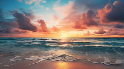 Fototapeta premium Closeup sea sand beach. Panoramic beach landscape. Inspire tropical beach seascape horizon. Orange and golden sunset sky calmness tranquil relaxing sunlight summer mood. Generative AI