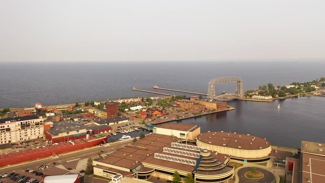 Aerial Lift Bridge in Duluth, Minnesota, United States. Cityscape, skyline. Spring Summer, sunset