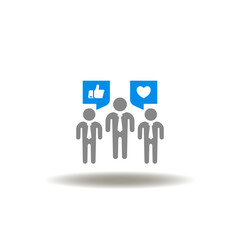 Vector illustration of businessman team and specch bubbles wth like and heart icons. Symbol of engaging content. Icon of feedback. Sign of marketing.