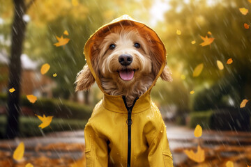 Cute dog with yellow rain coat. Rainy weather in autumn concept. Generative AI - 616685986