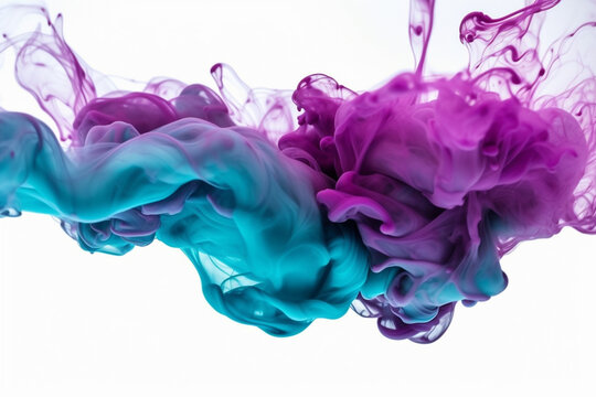 Purple and teal dye ink in water on white background