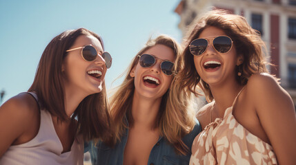 Three Girlfriends with Sunglasses laughing
