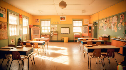 School classroom with desks, blackboard and school supplies. Back to school. Generative ai. - obrazy, fototapety, plakaty