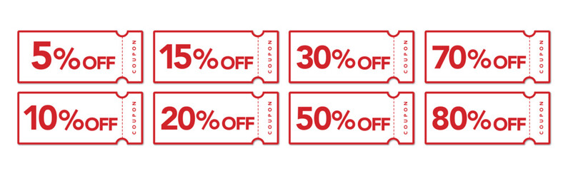 シンプルな赤と白の5%〜80%オフクーポンのベクターデザインセット