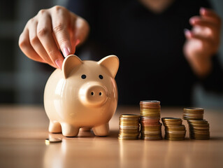 Budget and Saving Money Concept for Financial Accounting: Woman Hand Putting Coin in Piggy Bank, Financial Planning, Money Saving Ideas, Business Finance, Investment, and Life/Family Planning
