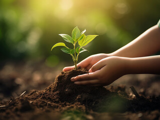 Children Holding Young Plant with Sunlight on Green Nature Background: Eco Earth Day Concept