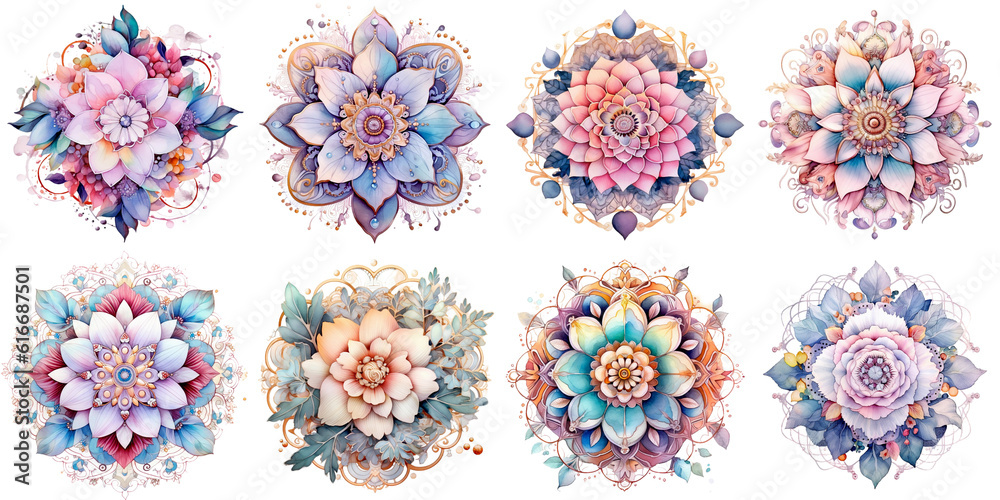 Wall mural collection of colorful floral mandalas. flowers in soft colors. generative ai