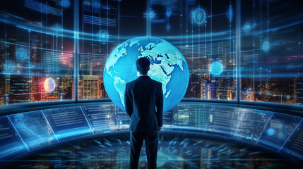 Fototapeta premium businessman holding an augmented reality screen in his hands, brain style, shaped canvas, internet academy, language based, bokeh, precision, human connection, generative ai