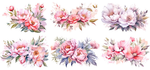Fototapeta na wymiar Banners set of peonies flowers, floral bouquets. Generative AI