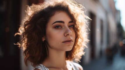 Fototapeta premium Woman Female Face Street Style Portrait Close Up Photo Digital Generated Realistic Modern Trendy Illustration Artwork Background