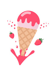 Ice cream strawberry cone dessert. Dairy product with fresh and ripe strawberry. Vector illustration.