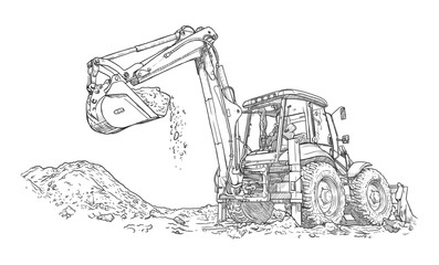 Big excavator is digging the ground at work. Hand drawn vector sketch - obrazy, fototapety, plakaty