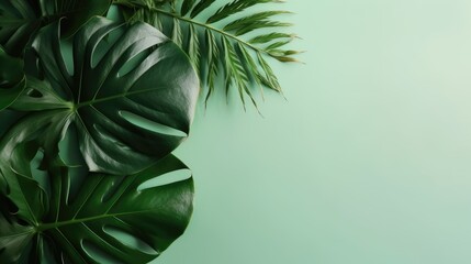 Fototapeta na wymiar Tropical leaves Monstera and palm on green background generated ai