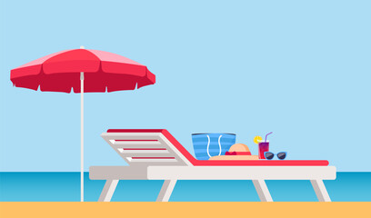 Beach umbrella and Sun lounger. Sunbed with parasol at sand beach. Summer tropical resort with private chaise-longues at seacoast. Sun bed and beach elements. Vector illustration. - obrazy, fototapety, plakaty