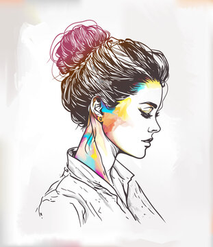 Beautiful woman with messy bun hairstyles line art with colorful artistic brushstroke