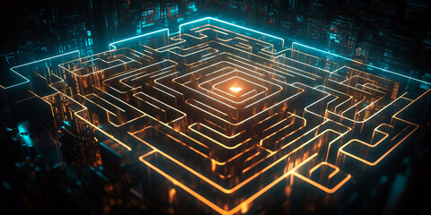 Captivating digital illustration of a glowing geometric labyrinth, symbolizing problem-solving complexity and decision-making challenges. Emotionally striking art piece! Generative AI