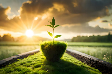plant with sunlight on green nature background. concept eco earth day