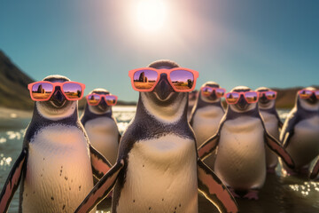 Cool penguines with sun glasses in an antartica landscape - obrazy, fototapety, plakaty