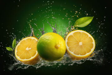 Fototapeta na wymiar Juice splash lemon, orange, lime set. Citrus splashig fresh collection, AI Generative