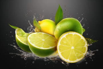 Juice splash lemon, orange, lime set. Citrus splashig fresh collection, AI Generative