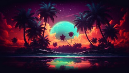 Fototapeta na wymiar neon moon glow in tropical paradise island, neural network generated art. Digitally generated image. Not based on any actual scene or pattern