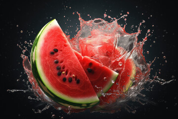 Juicy Fresh Watermelon and water splash. Ripe watermelon slices and splashes. AI Generative