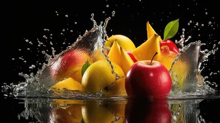 Fototapeta na wymiar Nature's Symphony: Dynamic and Dramatic Encounter of Apple, Water, and Mango Pieces Generative AI 4