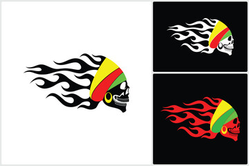 Silhouettes of African Flaming Skulls, Old School Fire with Bandana Scarf Logo Vector Illustration