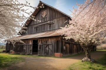 Fototapeta na wymiar rustic barn with blooming cherry blossom trees in the background, created with generative ai