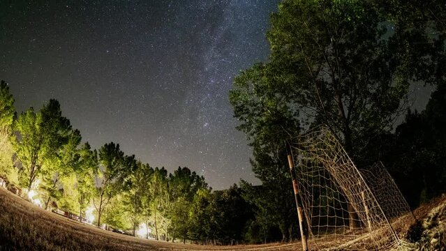 La Rioja, Spain - July 23, 2022: View of a circumpolar over a small soccer field in the Sierra de Cebollera natural park.