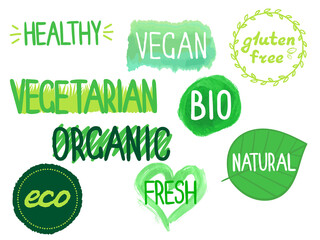 Eco, organic, bio, fresh, natural, vegan, vegetarian, gluten free signs. Tags set for packaging, cafe etc. Illustration on transparent background