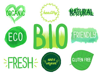 Eco and bio lables collection. Illustration on transparent background