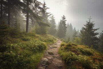 hiking trail with beautiful views of a misty forest, created with generative ai