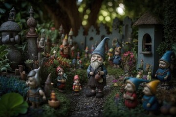 Fototapeta na wymiar a garden filled with whimsical sculptures, featuring gnomes and other creatures, created with generative ai