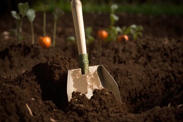 close-up of weeding spade, with freshly dug earth visible, created with generative ai